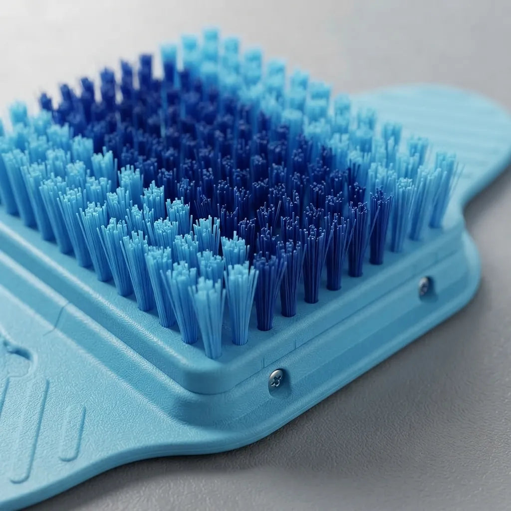 A close-up of a blue foot massager brush with dense bristles transitioning from light blue to dark navy, set against a neutral gray background.