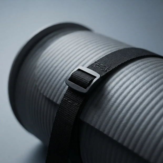 Close-up of a ribbed gray cylindrical product with a black strap and silver buckle, photographed on a soft gray background.