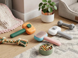 A styled indoor scene showing several pet grooming tools arranged on a wood floor: an orange-and-green rubber grooming hammer, a light blue-and-pink brush, a white-and-pink brush, and a gray dumbbell-shaped tool. A rope toy, a bowl of kibble, a plant, and a pet bed are also visible in a cozy room setting.