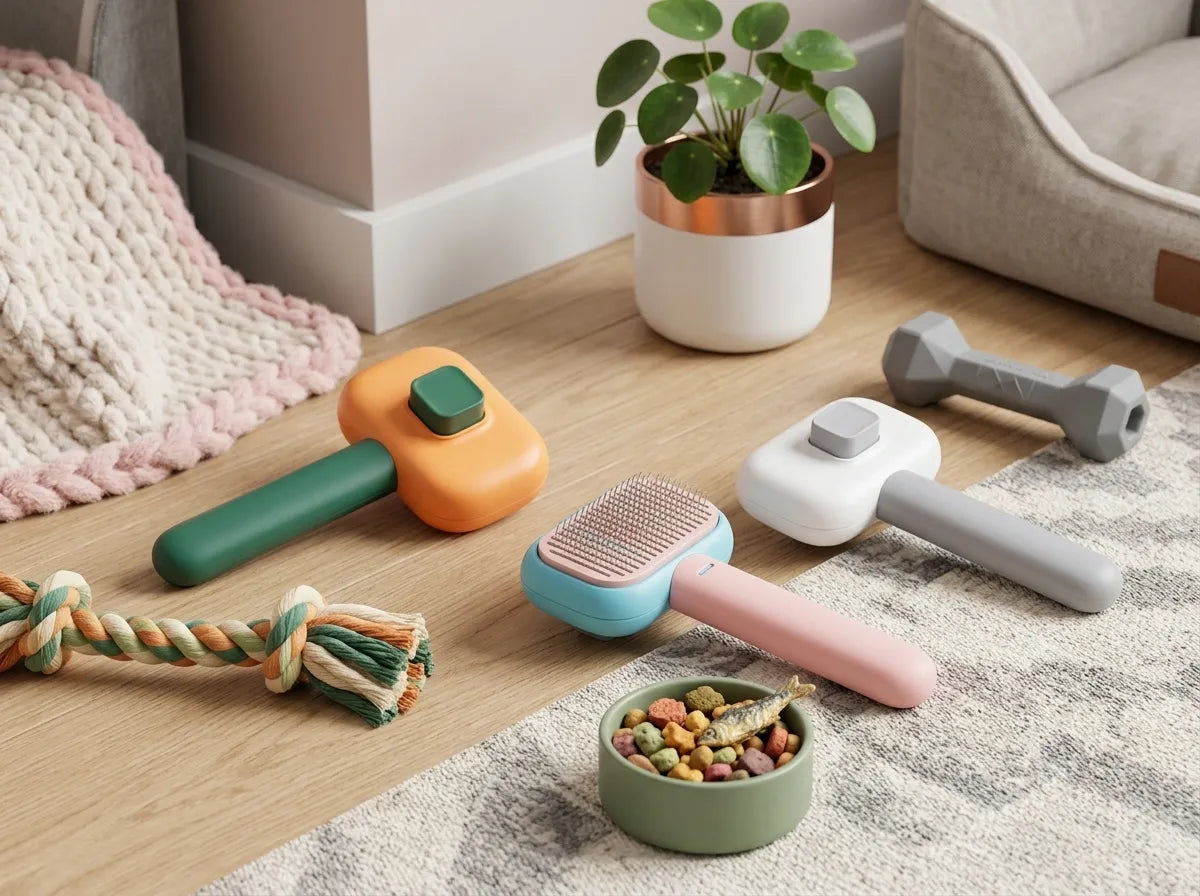 A styled indoor scene showing several pet grooming tools arranged on a wood floor: an orange-and-green rubber grooming hammer, a light blue-and-pink brush, a white-and-pink brush, and a gray dumbbell-shaped tool. A rope toy, a bowl of kibble, a plant, and a pet bed are also visible in a cozy room setting.
