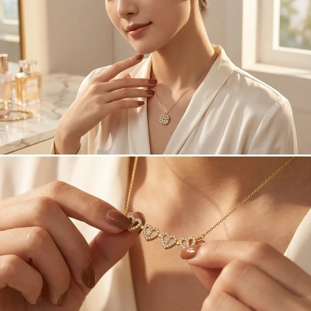 A woman wearing a delicate gold necklace with a row of small heart-shaped pavé settings, shown in a warm indoor setting with a close-up of the pendant being held between fingers.