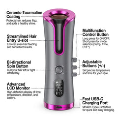 Portable Automatic Hair Curling Iron (USB Rechargeable, 2-in-1 Curler and Straightener)