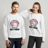 A man and a woman modeling matching white crewneck sweatshirts with a graphic print of a white cat inside a pink circle and the text 'EVERYTHING IS POSSIBLE WITH A CAT BEST FRIEND' in black.