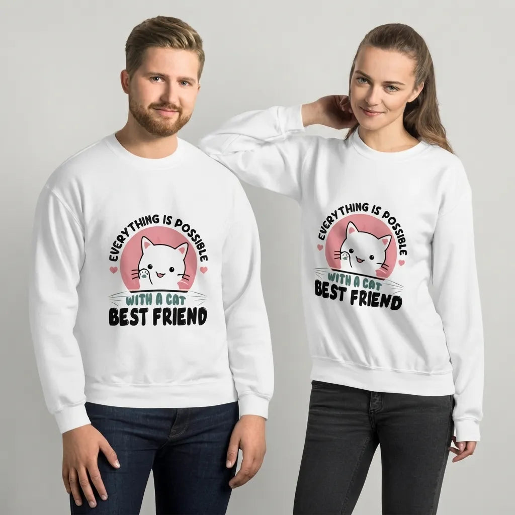 A man and a woman modeling matching white crewneck sweatshirts with a graphic print of a white cat inside a pink circle and the text 'EVERYTHING IS POSSIBLE WITH A CAT BEST FRIEND' in black.