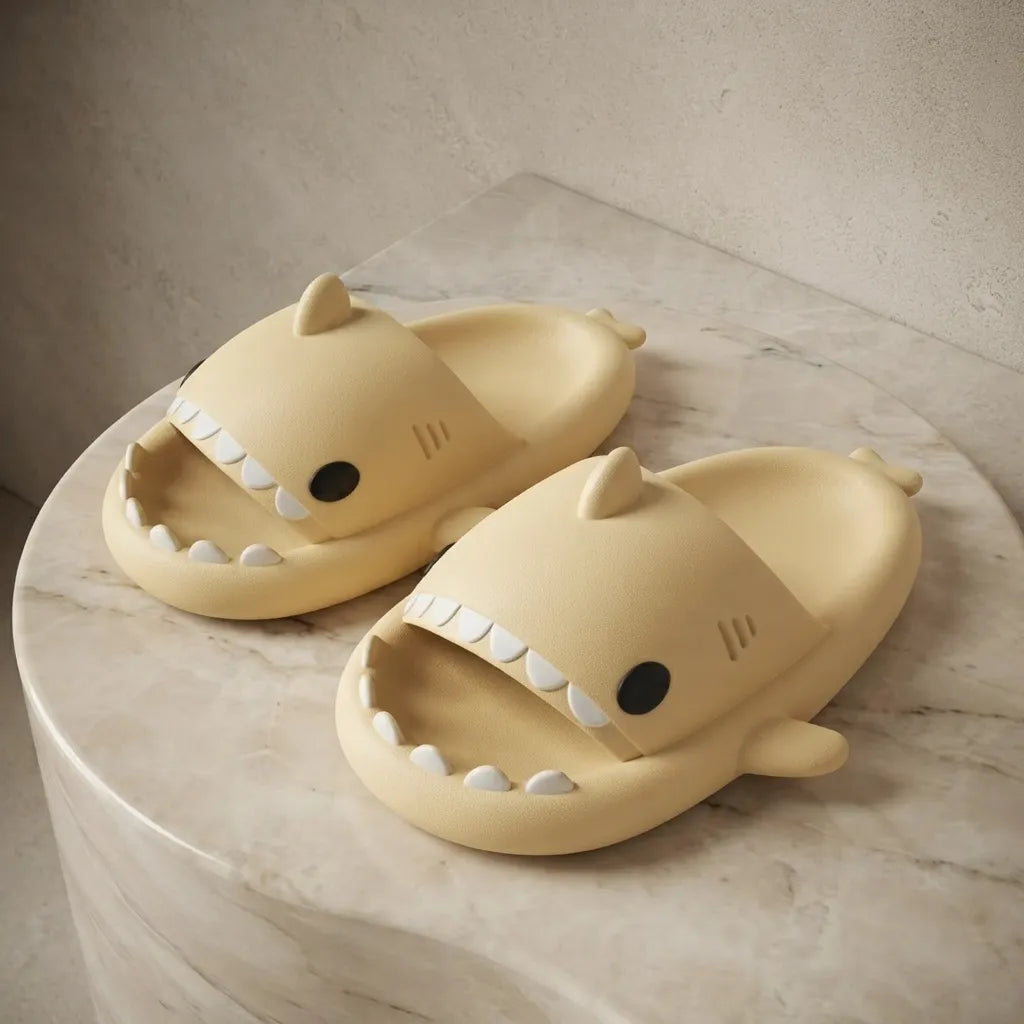 A pair of pale yellow shark-shaped slide slippers with white teeth and black eyes, displayed on a round marble pedestal against a textured beige wall.