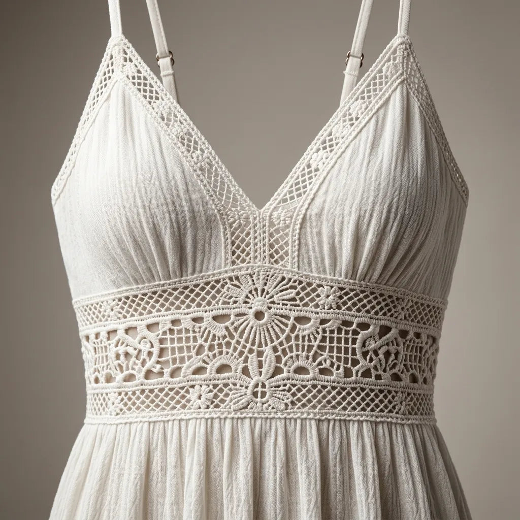A close-up of a white crochet lace halter top with a textured crinkled fabric, featuring a wide decorative lace band at the waist and thin shoulder straps.