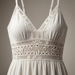 A close-up of a white crochet lace halter top with a textured crinkled fabric, featuring a wide decorative lace band at the waist and thin shoulder straps.