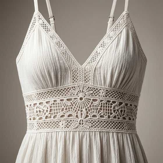 A close-up of a white crochet lace halter top with a textured crinkled fabric, featuring a wide decorative lace band at the waist and thin shoulder straps.