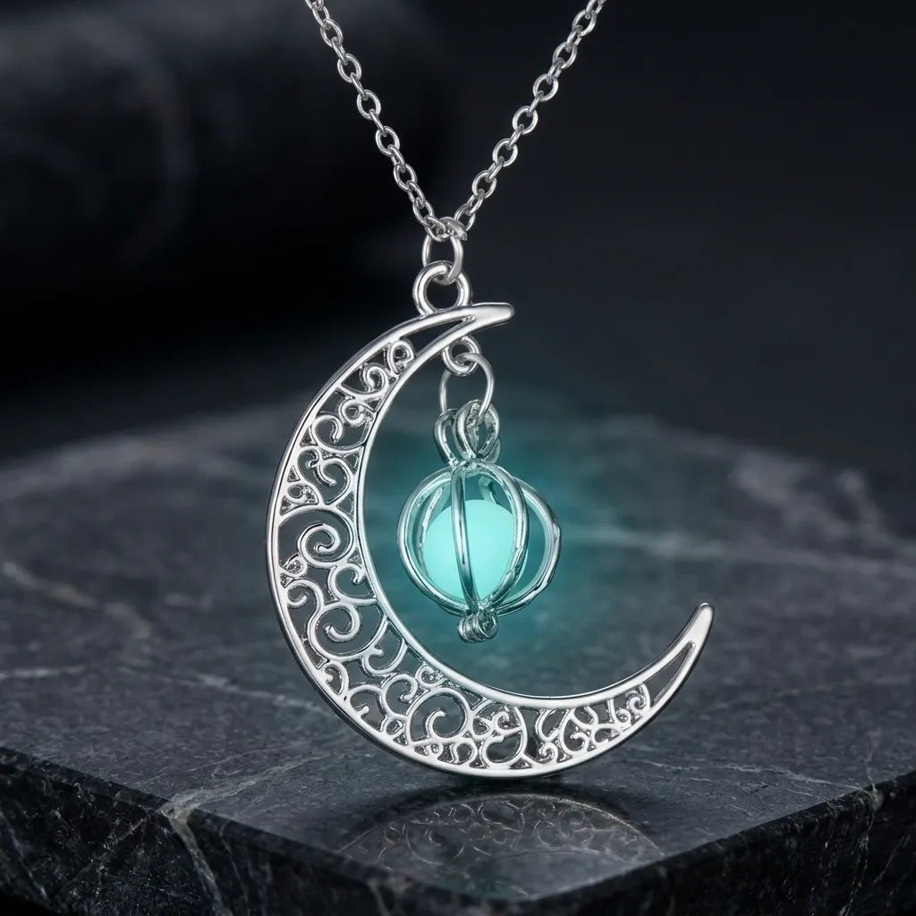 A silver crescent moon pendant necklace with intricate filigree detailing and a hanging light blue glass orb, displayed on a dark textured stone surface.