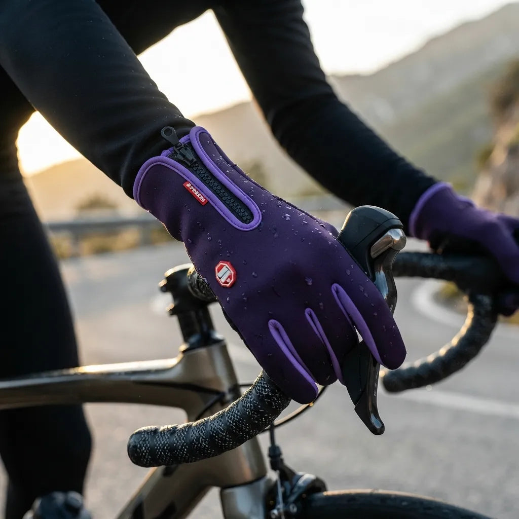 A close-up of a cyclist wearing a purple and black winter cycling glove while gripping the handlebars of a road bike on a mountain road during golden hour.