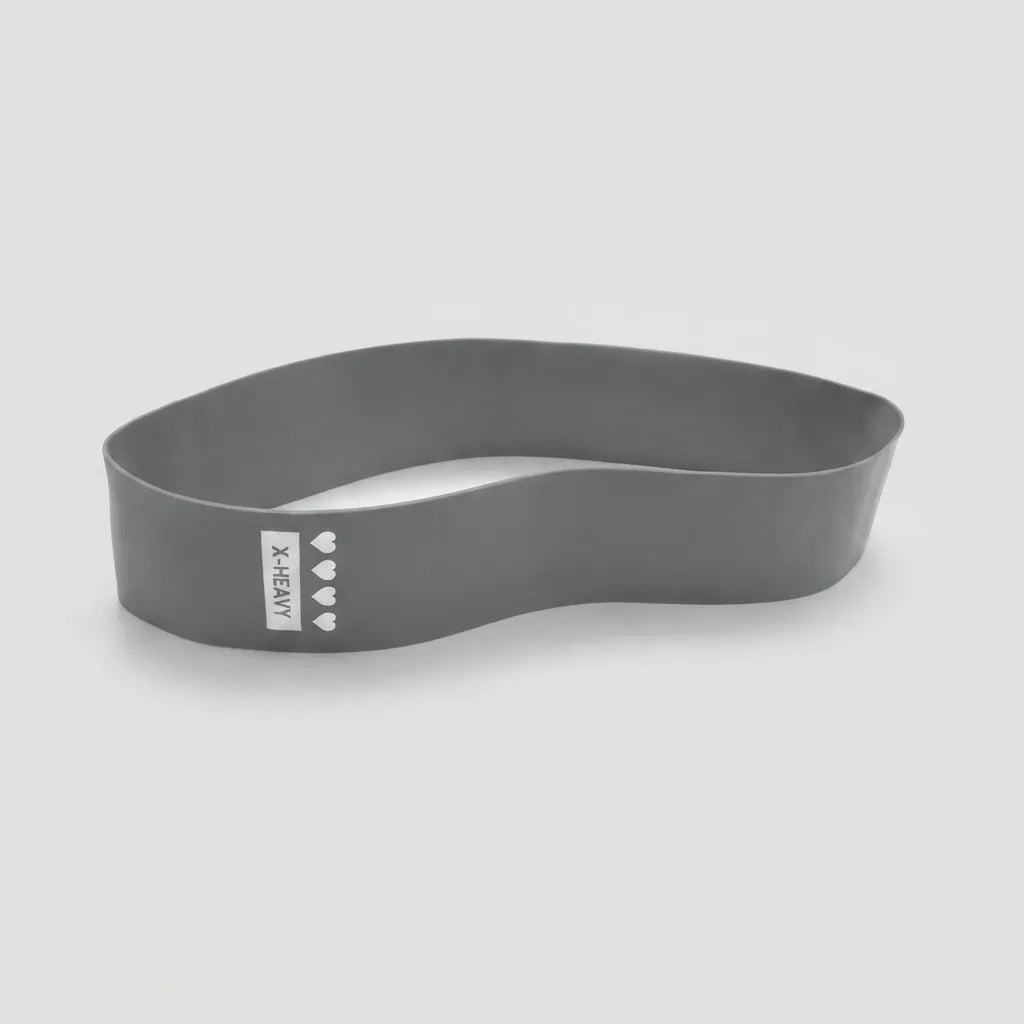 A dark gray silicone headband with a white vertical label that reads 'X-DENY' and features four small white heart icons, shown on a light gray background.