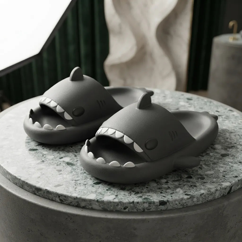 A pair of dark gray shark-shaped slide sandals displayed on a round stone pedestal in an indoor setting.