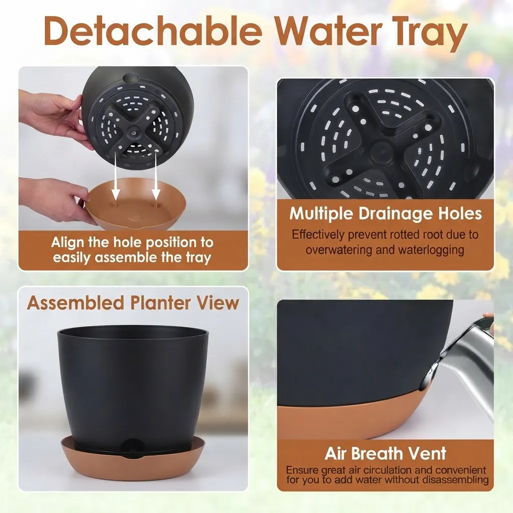 A four-panel product feature graphic for a detachable water tray planter. The panels show hands assembling the tray, a close-up of the drainage holes, the assembled black planter on a brown base, and a close-up of the air breath vent.
