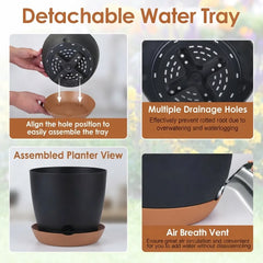 A four-panel product feature graphic for a detachable water tray planter. The panels show hands assembling the tray, a close-up of the drainage holes, the assembled black planter on a brown base, and a close-up of the air breath vent.