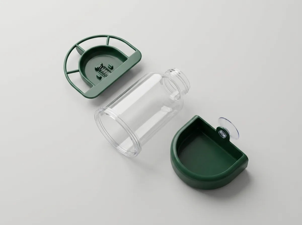 A clear plastic bottle shown disassembled with its green lid and green base components on a light gray background.