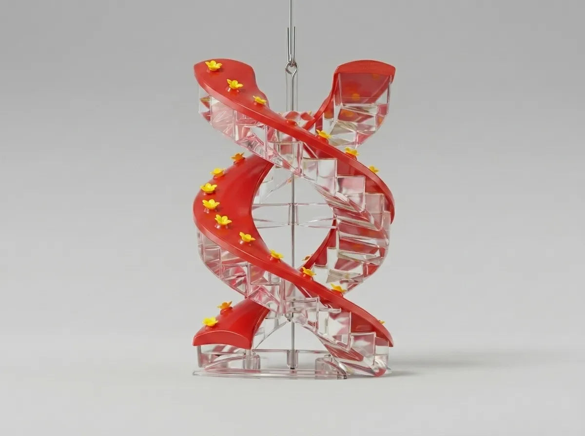 A spiral-shaped hanging ornament or decorative sculpture made of translucent clear acrylic with bold red twisted bands and small yellow star accents, shown against a plain light gray studio background.