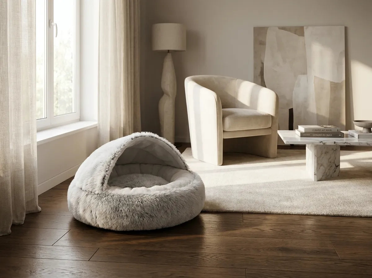A plush, dome-shaped pet bed in a light gray faux fur material, styled on a dark wood floor in a modern, sunlit living room next to a cream armchair and marble coffee table.