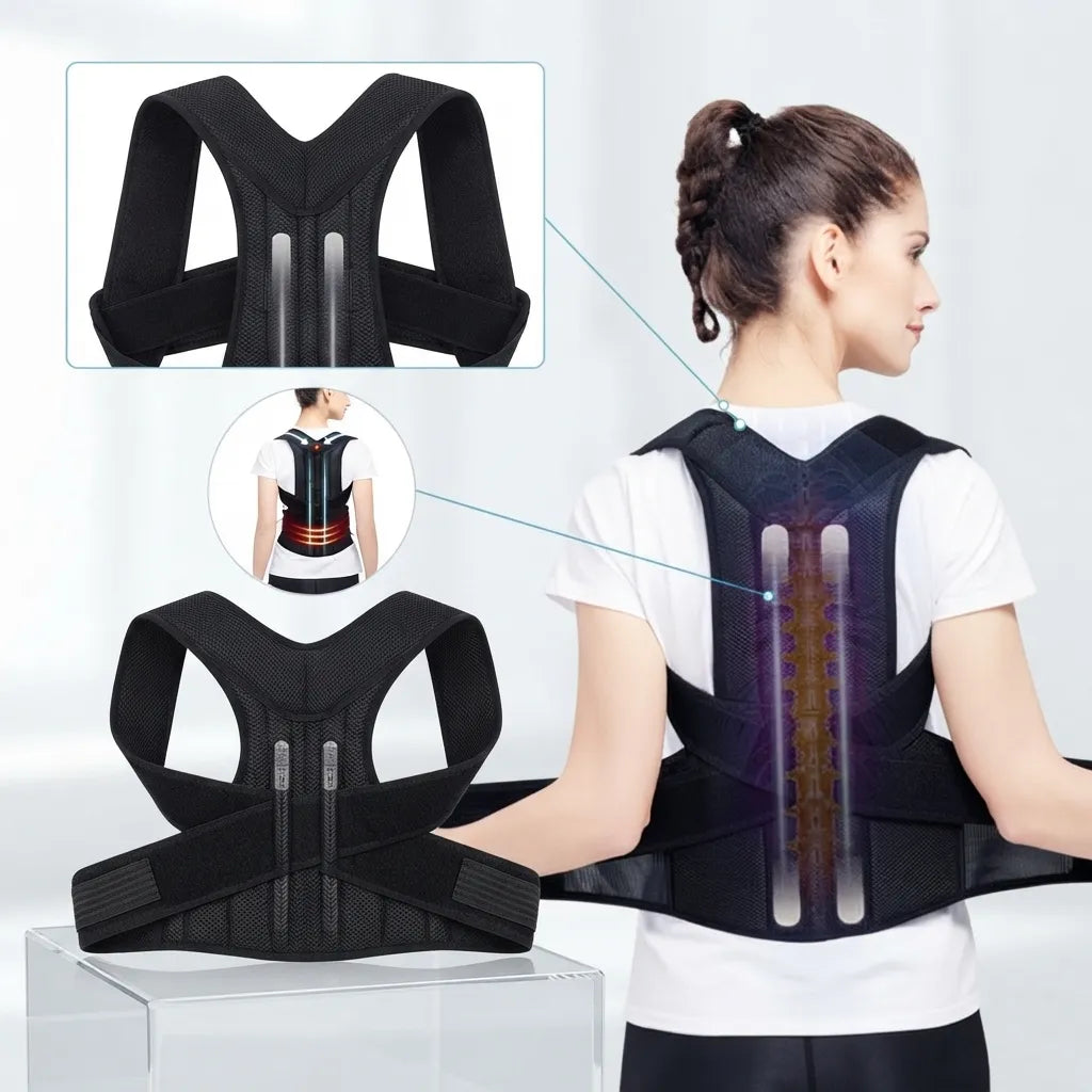A black posture corrector back brace shown on a model from the back, with inset views of the product from the front and side, displayed on a clean white background.