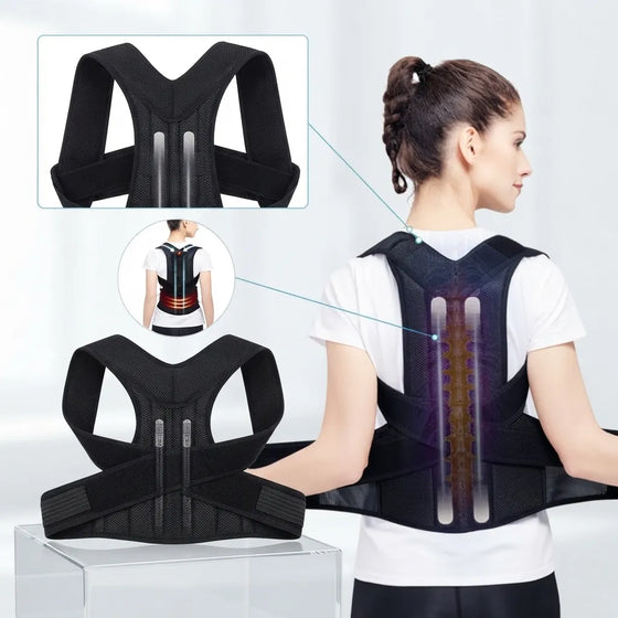 A black posture corrector back brace shown on a model from the back, with inset views of the product from the front and side, displayed on a clean white background.