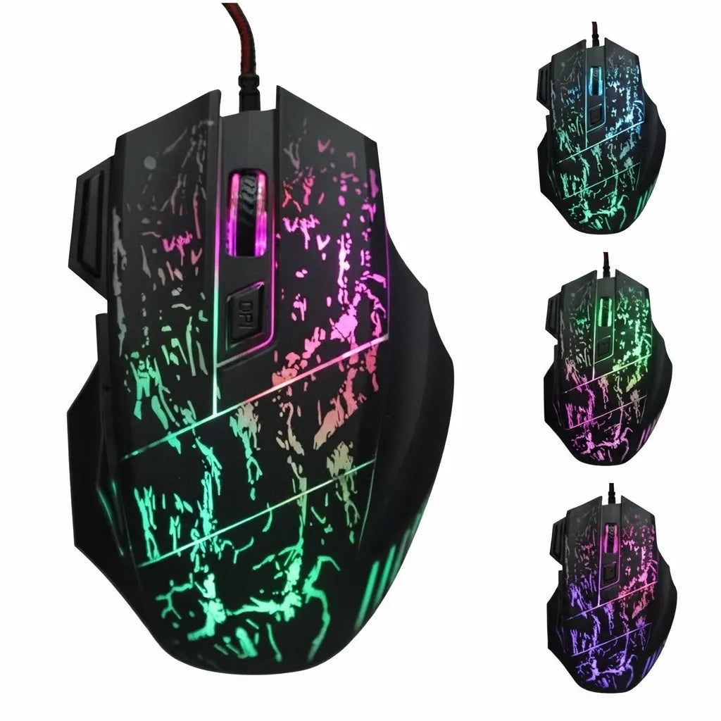 A black wired gaming mouse with RGB rainbow lighting and a cracked-glass style graphic pattern, shown on a white background with three smaller inset views of the same mouse from different angles.