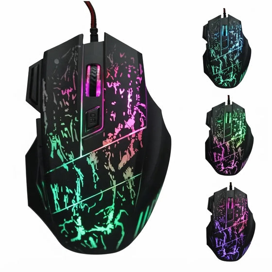 A black wired gaming mouse with RGB rainbow lighting and a cracked-glass style graphic pattern, shown on a white background with three smaller inset views of the same mouse from different angles.