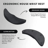 An ergonomic mouse wrist rest shown in two views on a light gray background with explanatory text. The top view shows the curved ergonomic shape, and the bottom view shows the gliding bottom made of the same material as a mouse pad.
