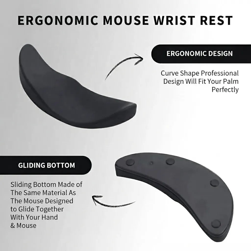 An ergonomic mouse wrist rest shown in two views on a light gray background with explanatory text. The top view shows the curved ergonomic shape, and the bottom view shows the gliding bottom made of the same material as a mouse pad.