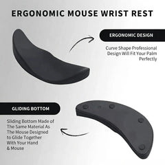 An ergonomic mouse wrist rest shown in two views on a light gray background with explanatory text. The top view shows the curved ergonomic shape, and the bottom view shows the gliding bottom made of the same material as a mouse pad.