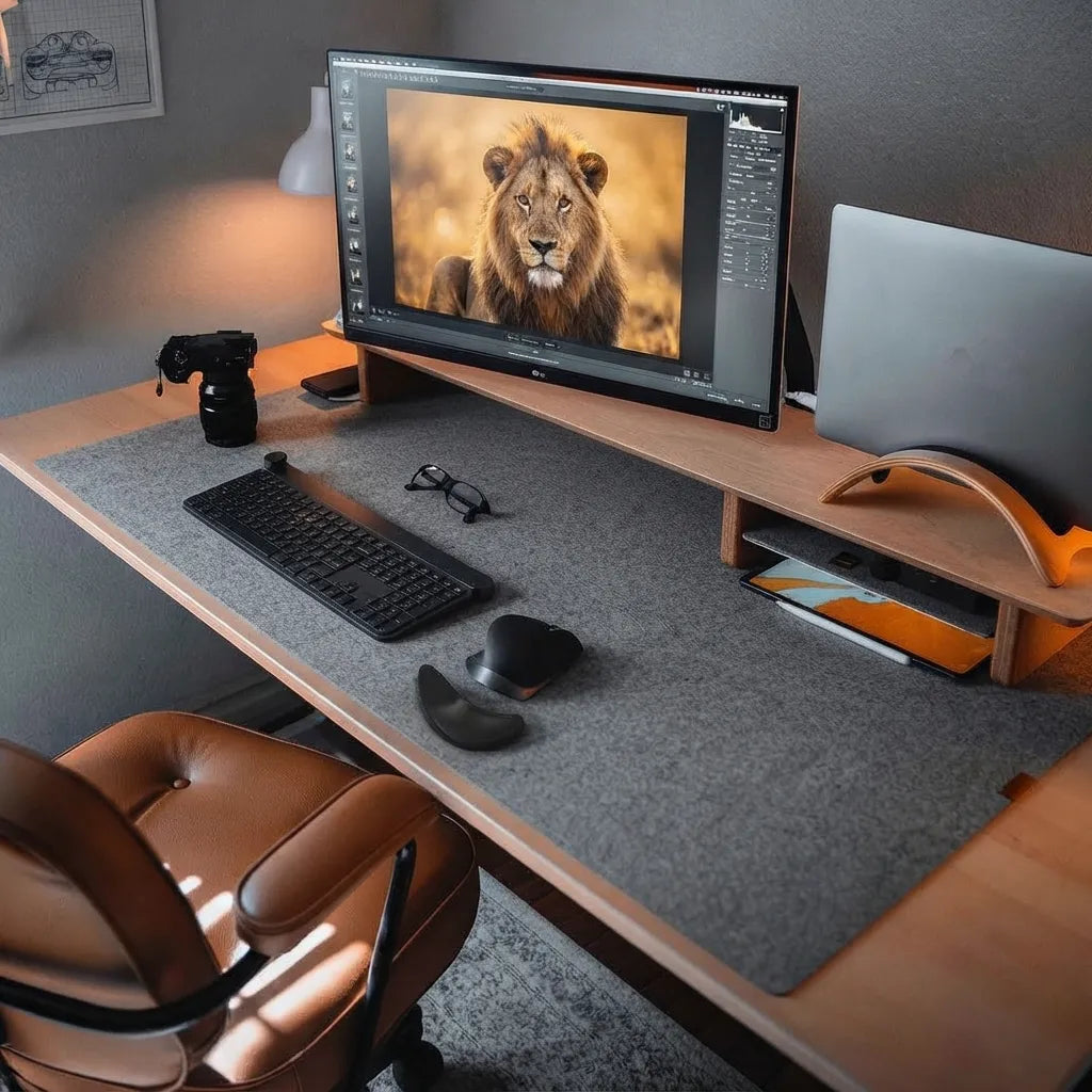 A modern home office desk setup featuring a large gray felt desk mat with a wooden base, styled with a keyboard, mouse, camera, and a monitor on a wooden riser. A brown leather office chair is partially visible in the foreground against a dark gray wall.