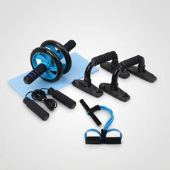 Abdominal exercise set including a black and blue wheel roller, push-up support bars, jump rope, resistance bands, and a light blue mat, arranged on a light gray background.