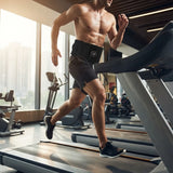 A shirtless man running on a treadmill in a gym, wearing a black waist trainer belt with a circular device attached to his midsection.