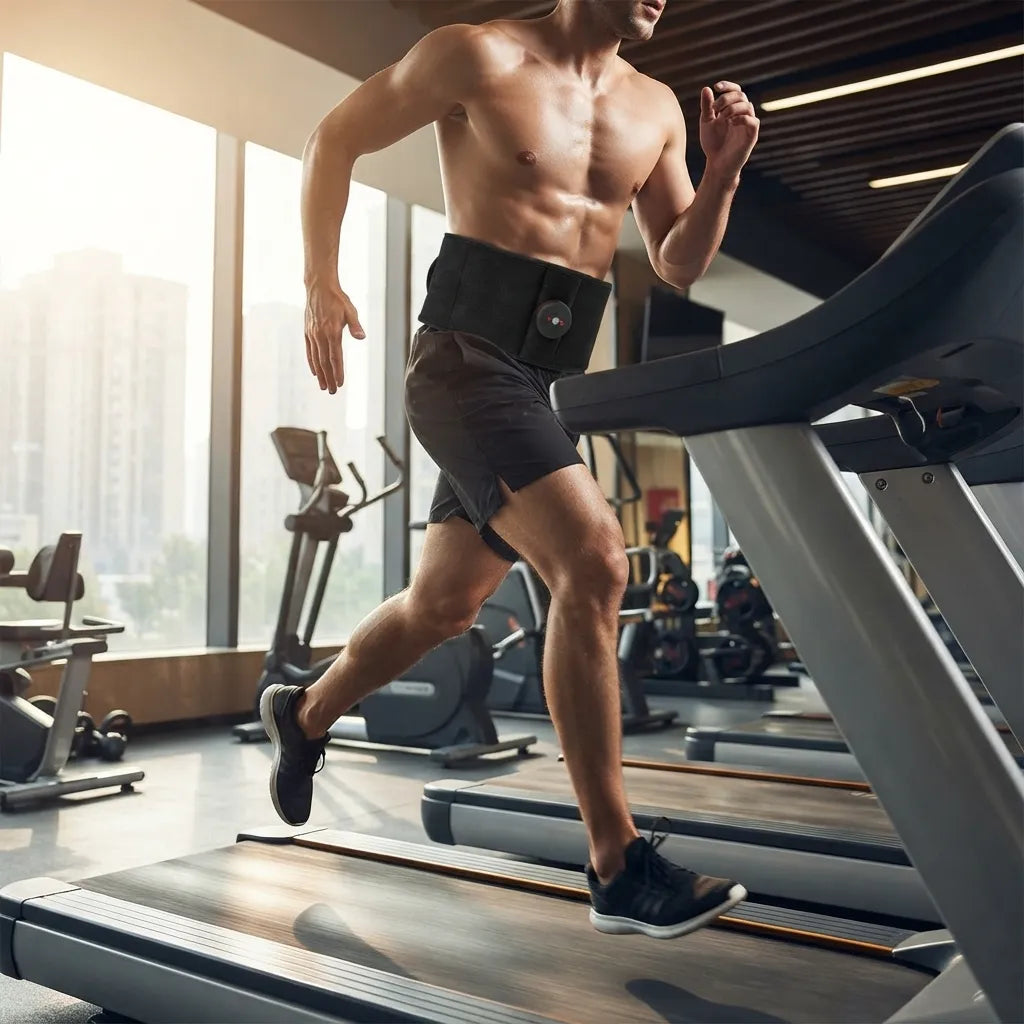 A shirtless man running on a treadmill in a gym, wearing a black waist trainer belt with a circular device attached to his midsection.