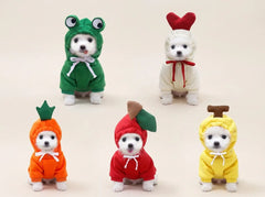 Five small white dogs wearing colorful hooded pet costumes arranged on a light beige studio background. The costumes include green frog, cream with red heart, orange carrot, red apple, and yellow banana designs.