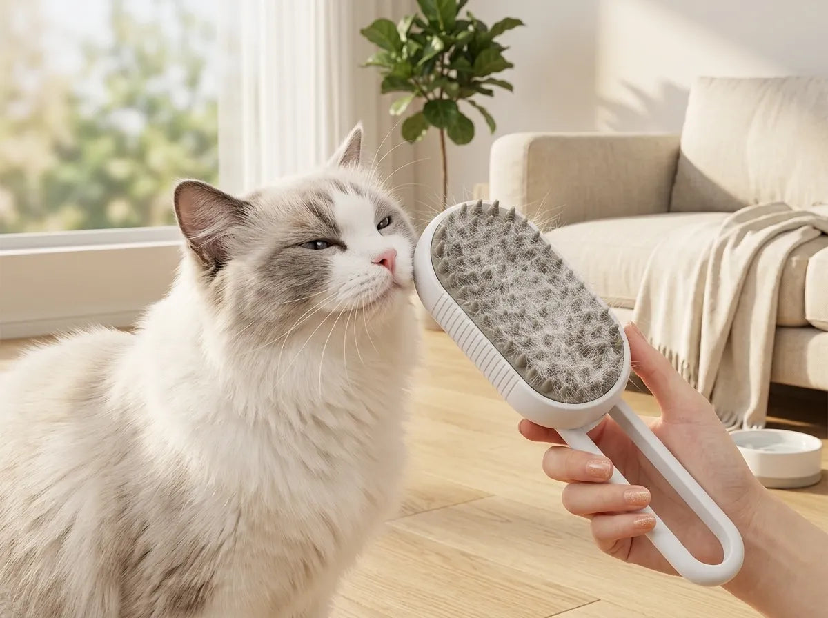 A fluffy white and gray cat is shown in a bright living room while a hand holds a pet grooming brush near its face. The brush has a white handle and a gray bristle pad covered with visible hair clumps.
