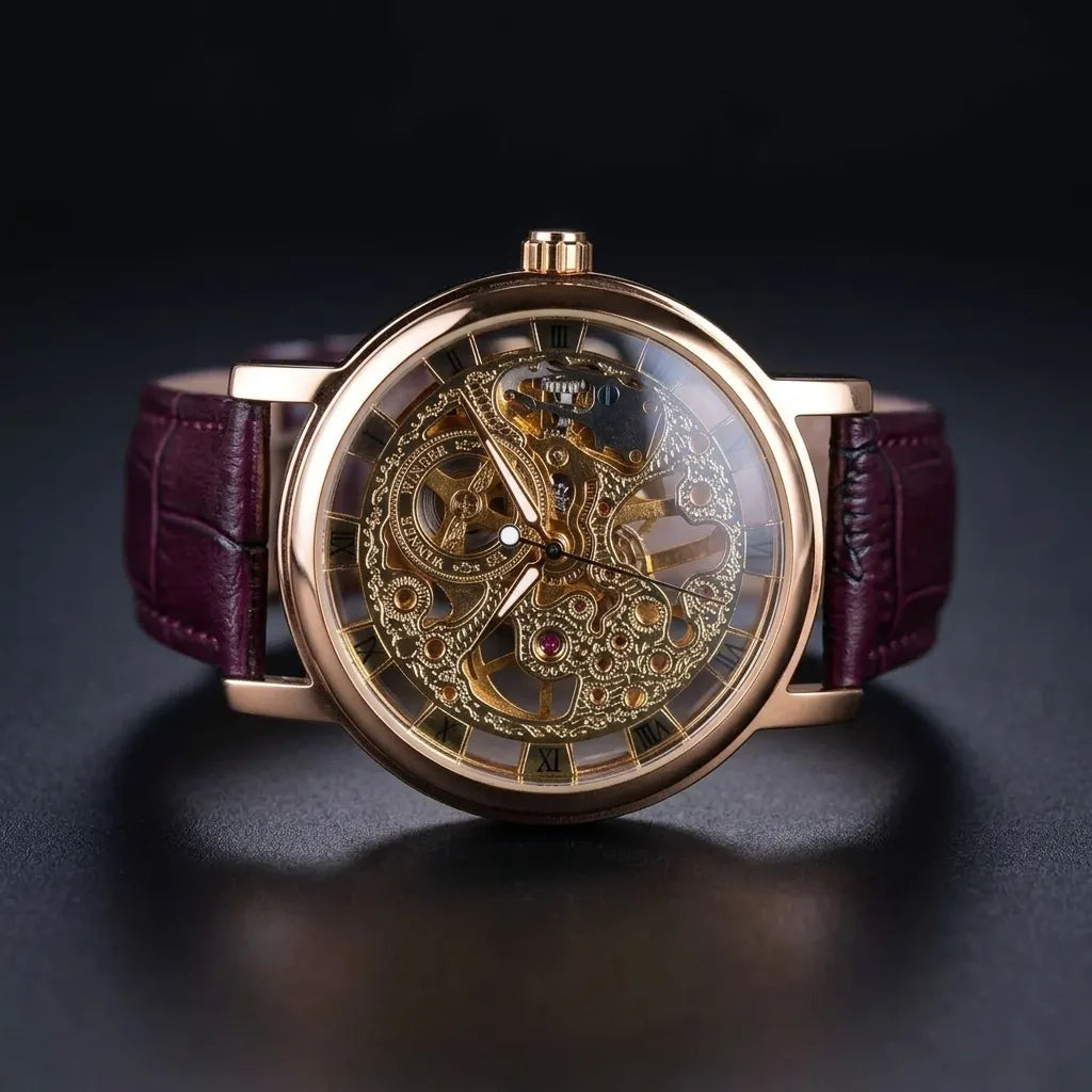 A luxury skeleton watch with a rose gold-toned case, intricate gold-tone mechanical gears visible through the transparent dial, and a deep burgundy leather strap, set against a dark reflective background.