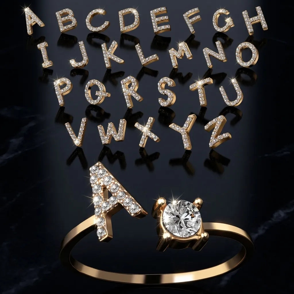 Gold letter A initial ring set with pavé crystals, shown alongside a matching gold ring with a round-cut crystal. Above them, matching gold alphabet letters from A to Z are arranged on a dark reflective background.