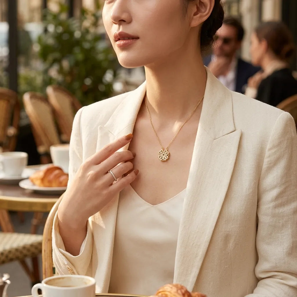 A woman in a cream-colored blazer and top wears a delicate gold necklace with a sunburst flower pendant, sitting at a cafe table with croissants and coffee cups in the background.