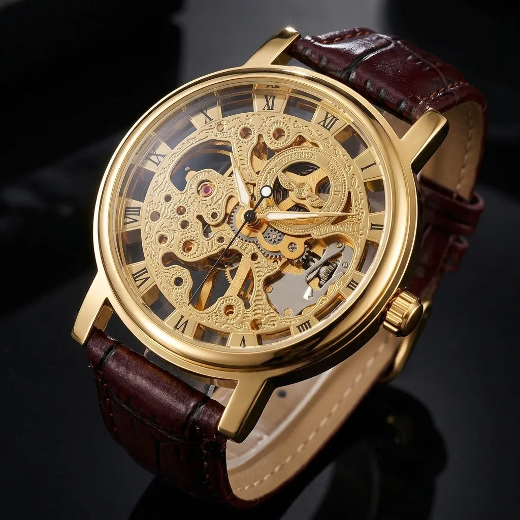 A luxury skeleton watch with a gold-tone case, intricate mechanical movement visible through the dial, and a dark brown leather strap, shown on a dark reflective surface.