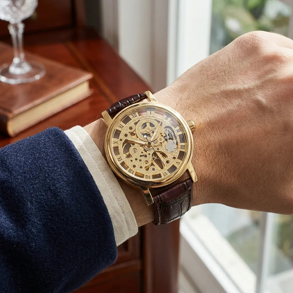 A close-up of a man's wrist wearing a gold-tone skeleton watch with a brown leather strap, styled with a navy blue sweater and white shirt cuff, set against a warm indoor background.