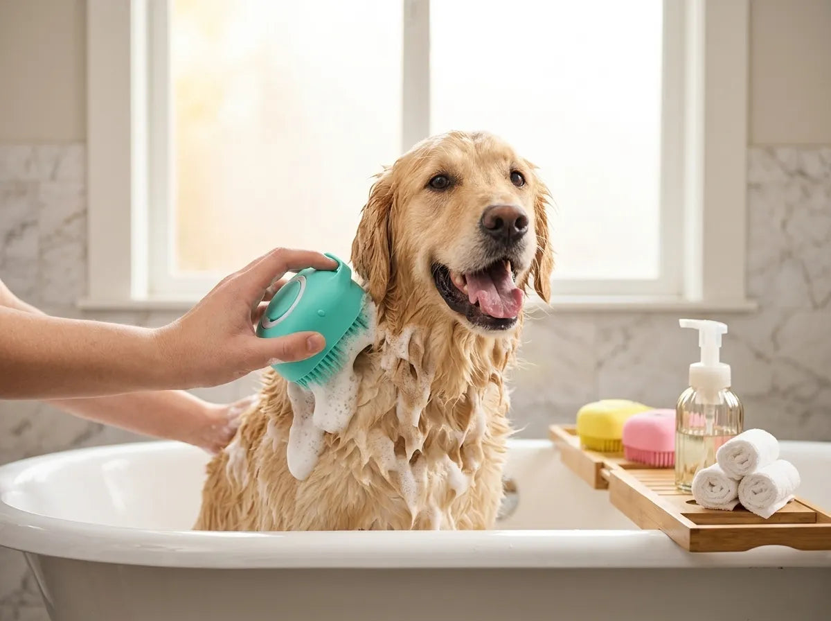 A golden retriever dog sitting in a white bathtub while being brushed with white soap lather. A person's hand holds a turquoise pet brush against the dog's fur.