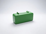 A bright green rectangular hard case with rounded corners and a matching green handle, photographed on a clean light gray studio background.