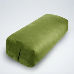 An olive green yoga bolster pillow with a textured fabric cover, shown on a clean light gray background.