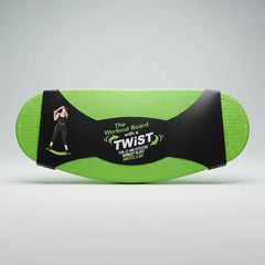 A green and black balance board exercise pad labeled 'The Workout Board with TWIST' on a light gray studio background.