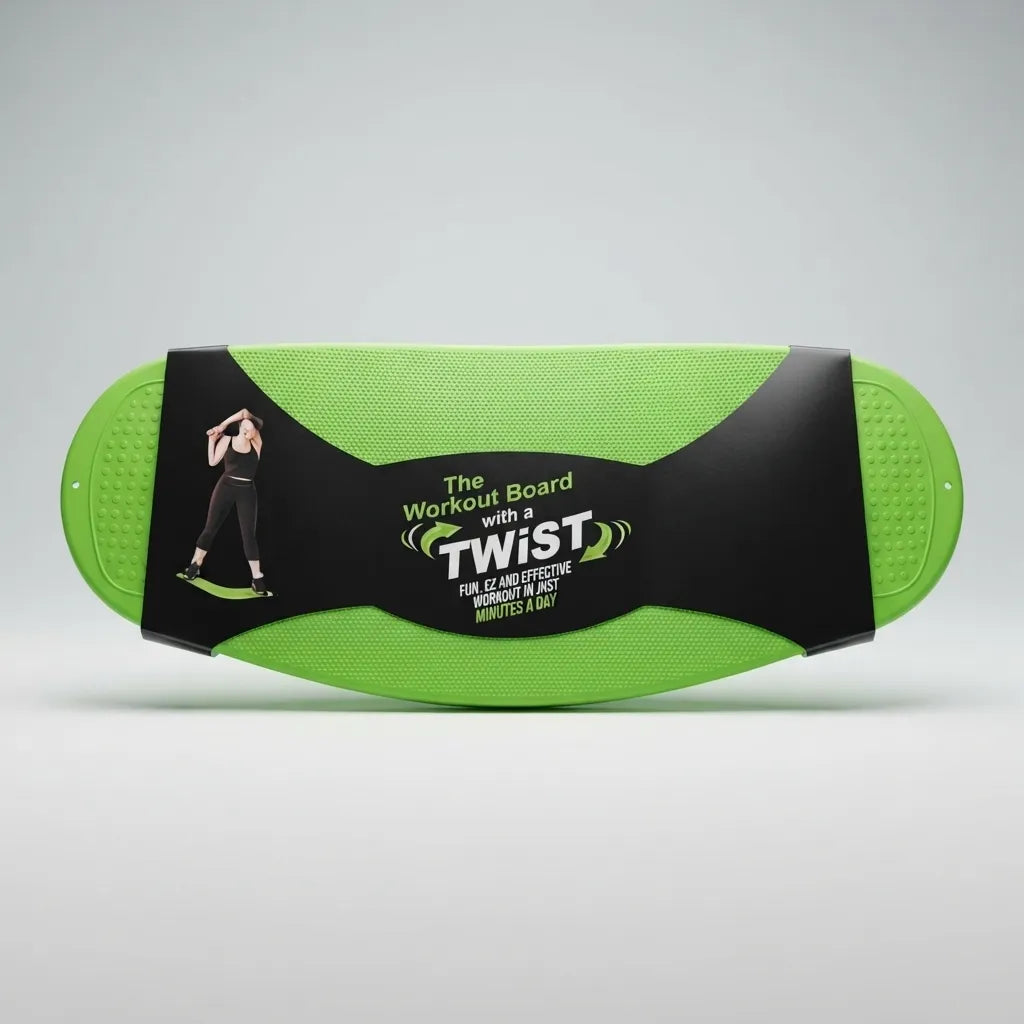 A green and black balance board exercise pad labeled 'The Workout Board with TWIST' on a light gray studio background.