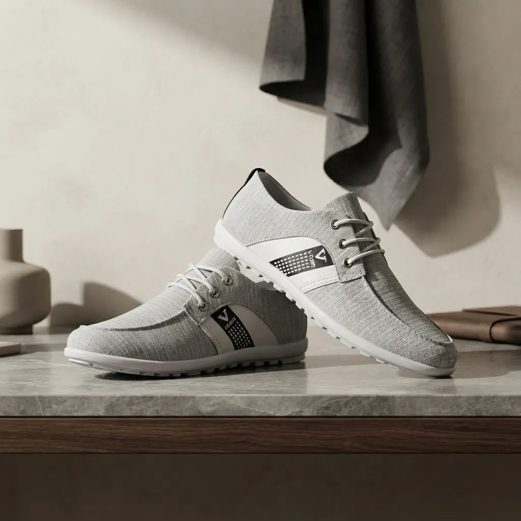 A pair of light gray knit lace-up sneakers with white and black accents, displayed on a marble countertop in a modern, minimalist room setting.