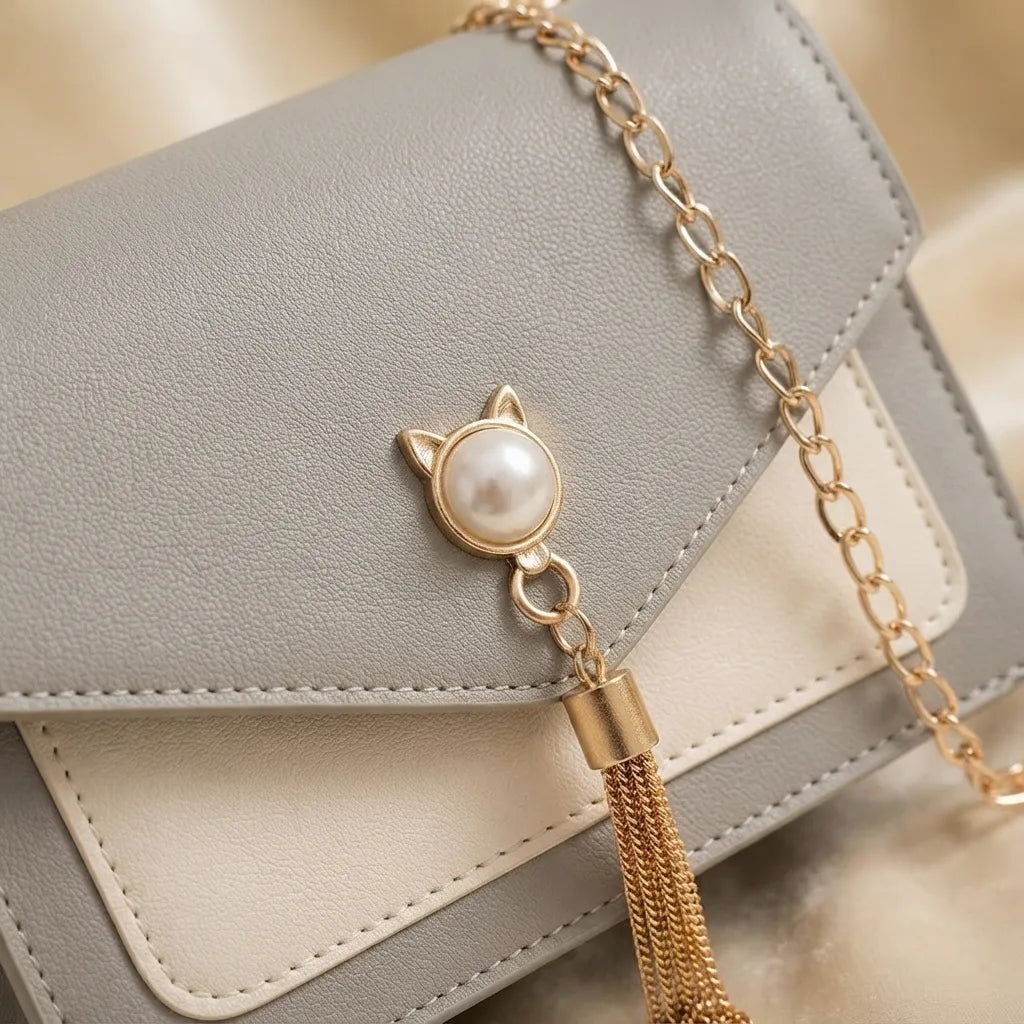 A close-up of a light gray and cream faux leather handbag with a gold chain strap and a decorative gold tassel clasp featuring a white faux pearl cat head.