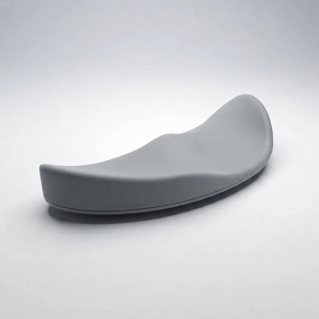 A modern, curved gray ergonomic chair cushion or seat pad, photographed on a clean light gray studio background.