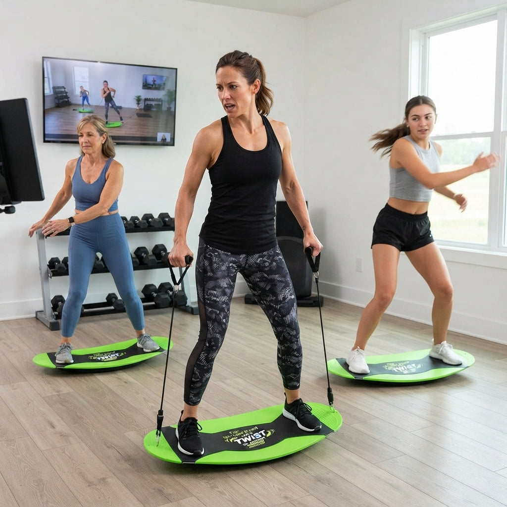 Three women exercise indoors on bright green and black board-walking devices in a fitness studio with wood floors, dumbbells, and a window.