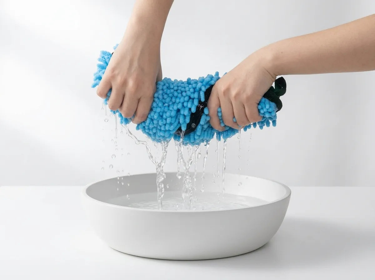 A close-up of a person's hands squeezing a bright blue microfiber cleaning sponge over a white ceramic bowl, with water dripping into the bowl against a clean white background.
