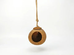 A small hanging coconut shell birdhouse or decorative pot made from a hollow coconut with a natural wood cap, suspended by a rope against a plain white background.